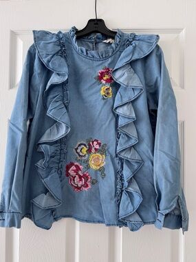 Penelope Project Blue Chambray Ruffle Embroidered Top Women’s Size Medium